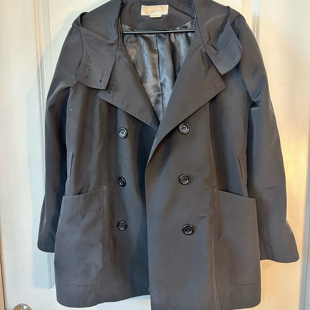 Michael Michael Kors Black Double Breasted Windbreaker Hooded Rain Jacket,Large